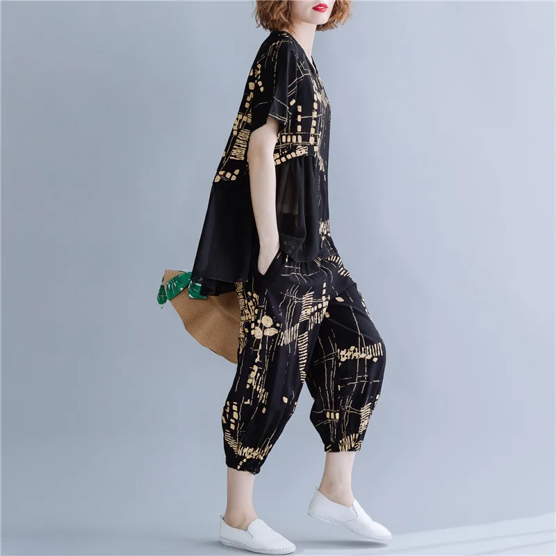 #0828 комбинированный шифоновый ассиметричный Топ И Блузка свободный комплект из