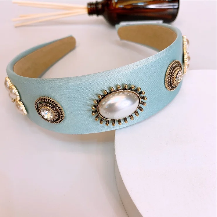 

New simple fabric big pearl flower retro copper hairbands ornaments rhinestone baroque headdress wide edge jewelry