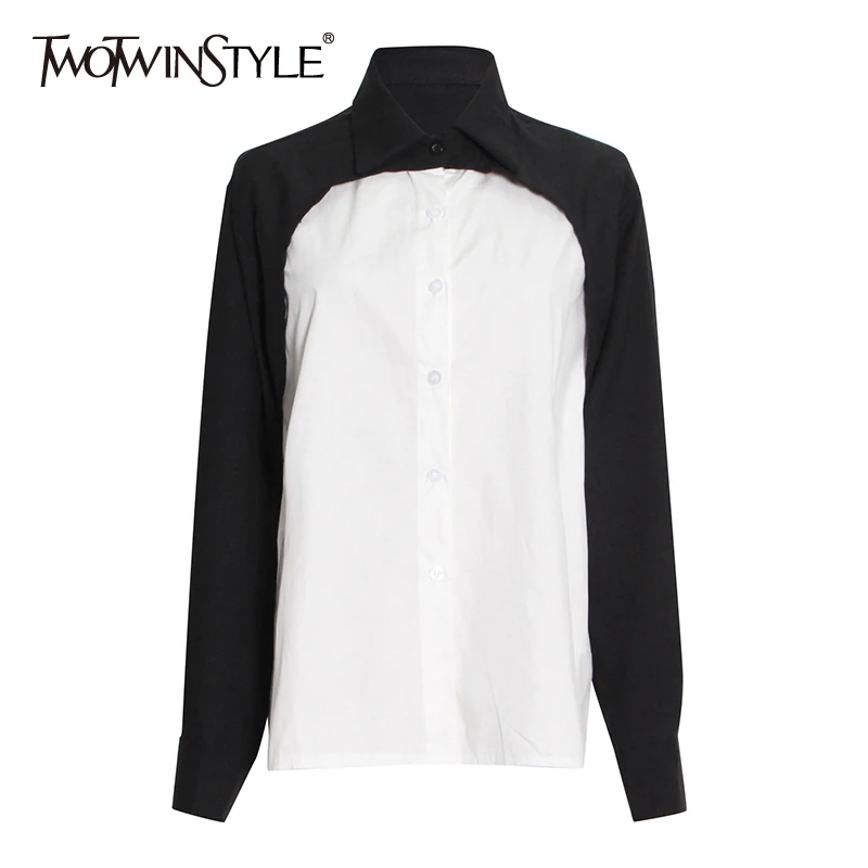 

Twotwin2 стильная повседневная цветная рубашка для женщин с отложным воротником и длинным рукавом, Лоскутная Свободная рубашка с пуговицами, ж...