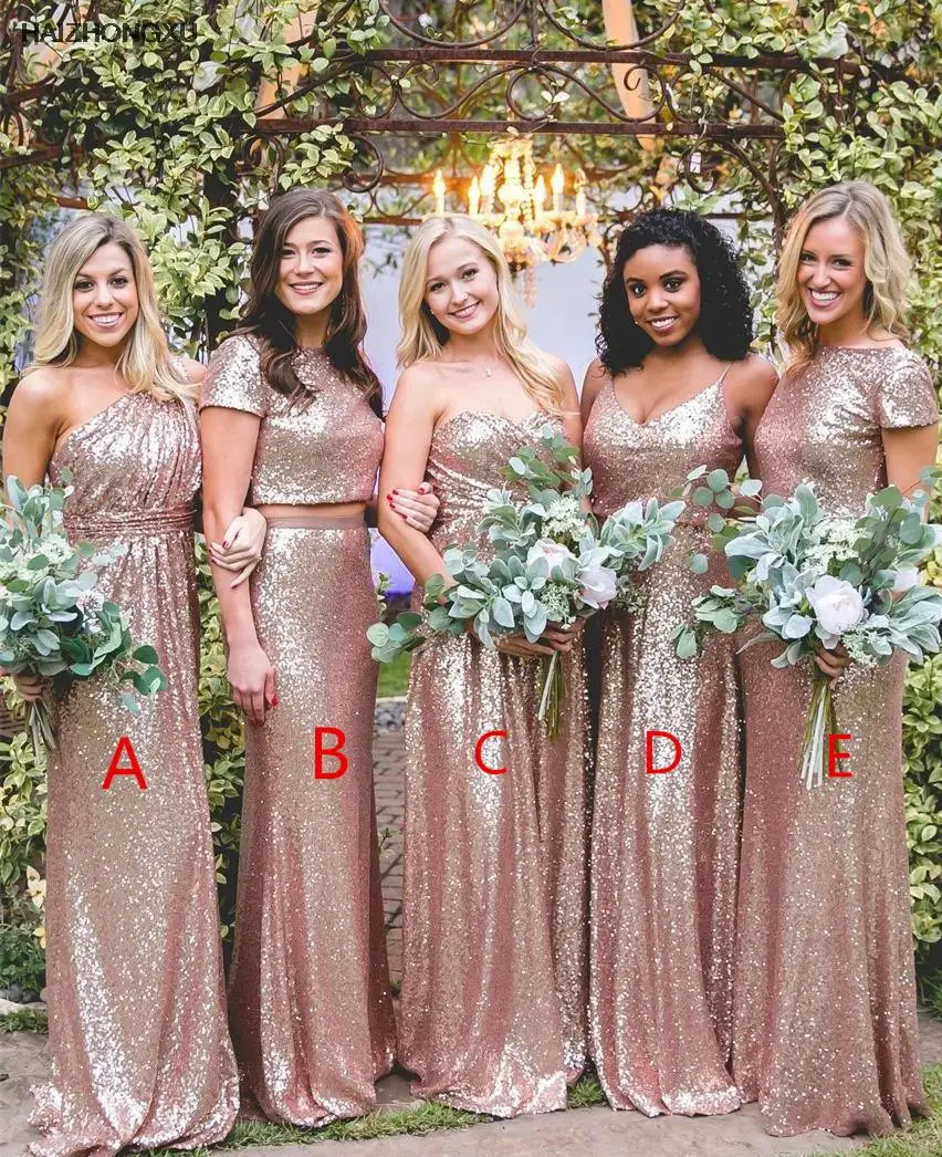 Женское блестящее платье подружки невесты длинное пляжное из розового золота с