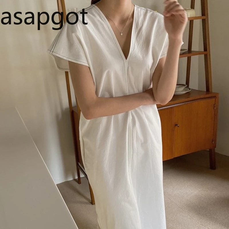 Корейское шикарное винтажное платье в минималистском стиле с V-образным вырезом