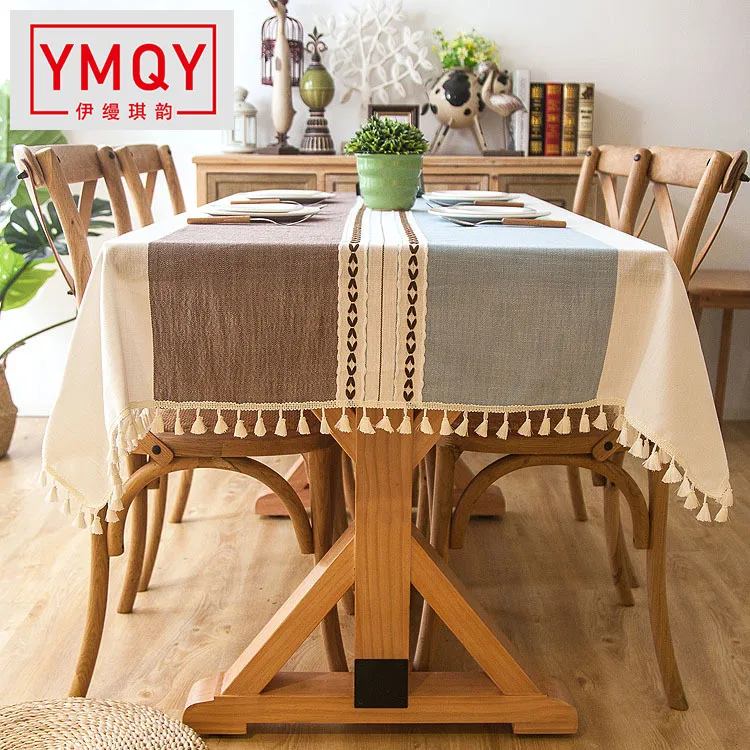 Клетчатая декоративная льняная скатерть с кисточкой водонепроницаемая