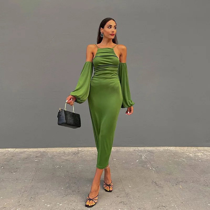 

2021 Summer Women's Solid Color Sling Off-the-shoulder Cuff Dress Hollow Out Off Shoulder Bodycon Dresses Vestido Feminino