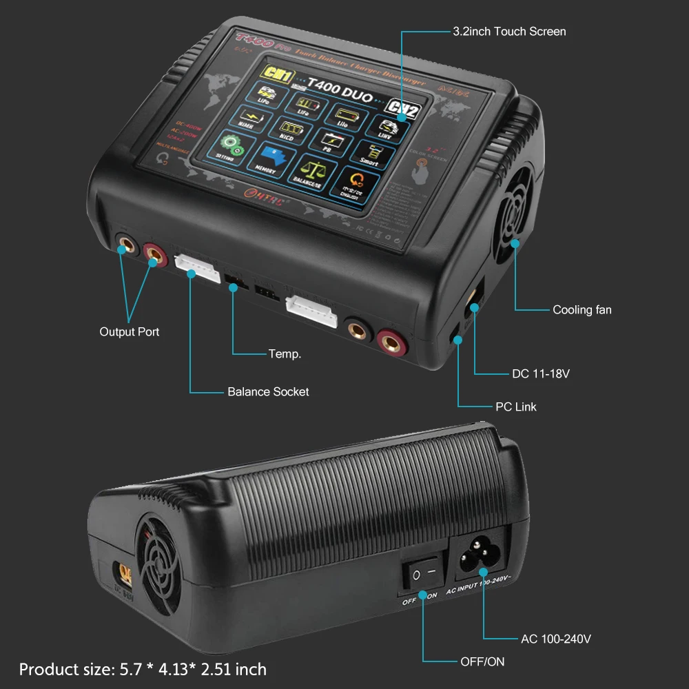 Зарядное устройство HTRC T400 Pro для литий-полимерных аккумуляторов DC 400W AC 200W 12Ax2