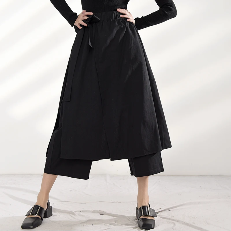 

[EAM] High Elastic Waist Bandage Black Wide Leg Long Trousers New Loose Fit Pants Women Fashion Spring Autumn 2021 1DB37101