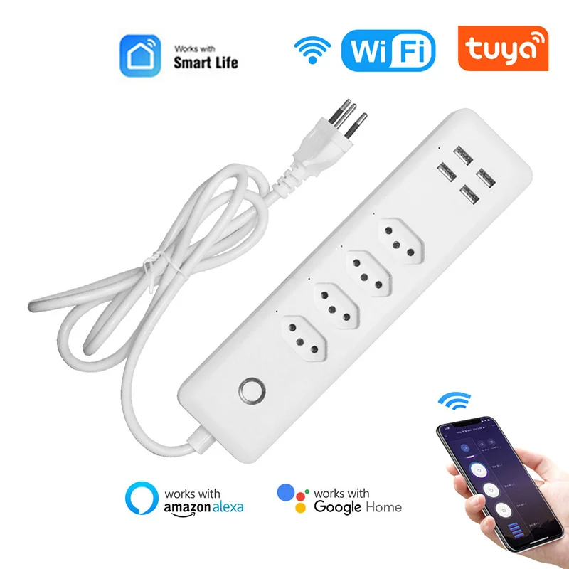 

Tuya WiFi Smart Power Strip Brazil Plug Smart Power Bar Multiple Outlet Extension Cord With 4 USB And 4 AC Plugs Voice Control