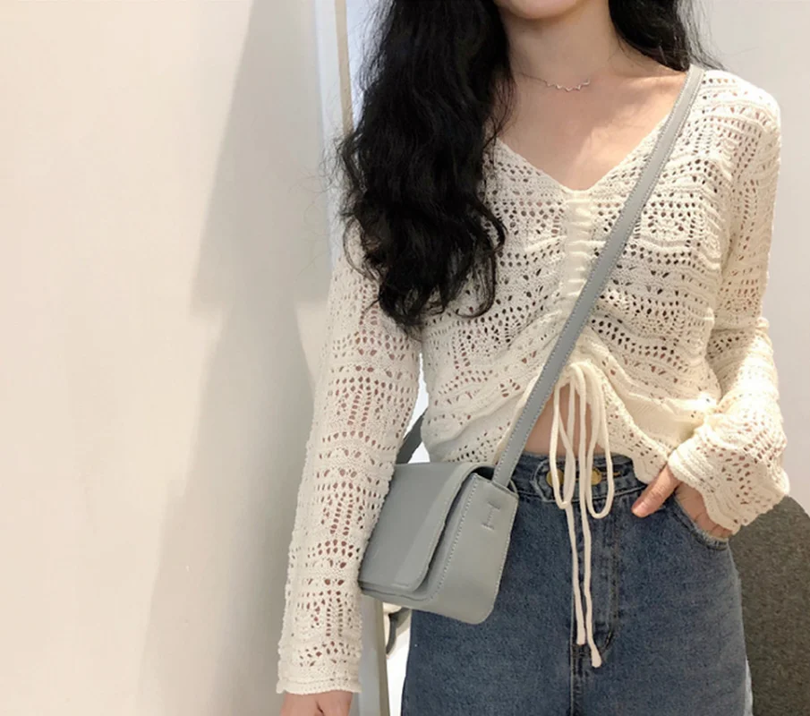 

Sexy V Neck Crochet Khaki Sweater Pullovers All-Match Ruched Long Sleeve Solid Indie Asymmetric Crop Top Dropshipping Women's
