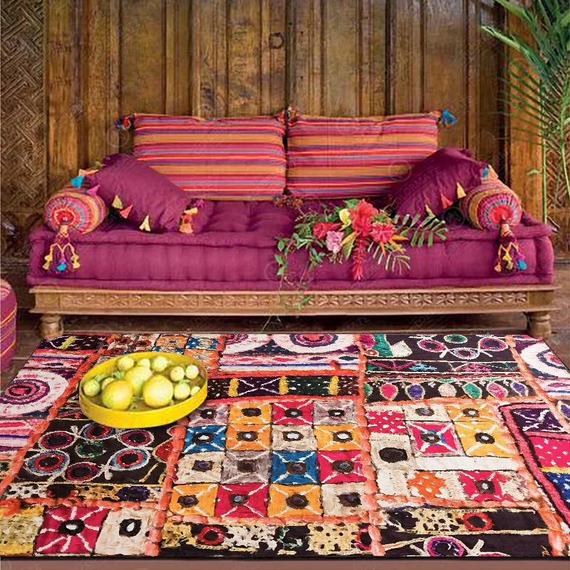 

Retro Bohemian Ethnic Style Multi-color Parquet Bedroom Door Living Room Short Crystal Velvet Floor Mat Customization