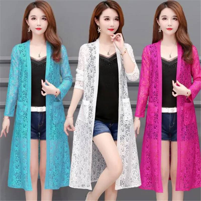 

Lace shawl top women loose coat summer thin summer sun protection clothing large size slim female jacket spring mid-length tops