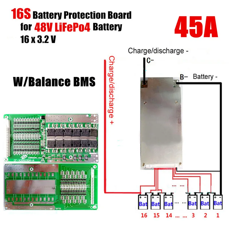 16S 45A 48V Li-Ion Lithium Lifepo4 Battery Power Protection Board Bms Lfp Pcm Pcb Integrated Circuits For E-Bike Electric | Электроника