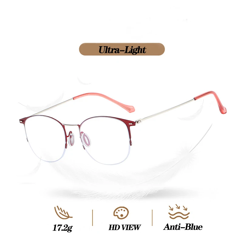 

May Flower Half Frame Metal Anti-Blue Reading Glasses Ultra-light Optical Eyewear Round Myopia Glasses With Bag For Women+3.5+4