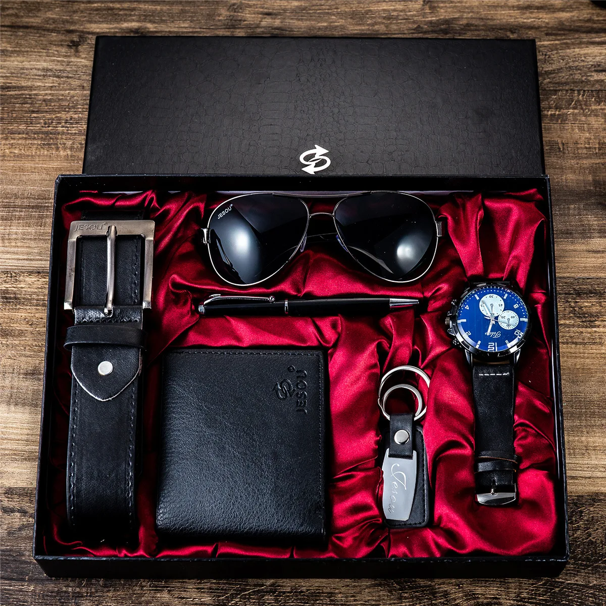 

6pes/Set Men's Gift Set Beautifully Packaged Watch + Leather Belt Wallet Creative Minimalist Combination Set-6pes/Set
