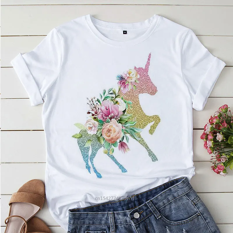 

Uni corn Anime Graphic Print T-shirt Women Harajuku Aesthetic White Tops Casual New Summer Fashion Female T Shirt