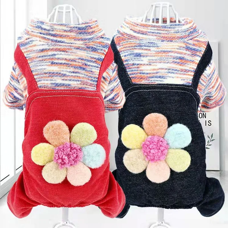 

Spring Dog Clothes with Sunflower design Striped Pet Dog Coat Jumpsuit For Small Dogs Chihuahua Pug Poodle jeans Romper Clothing