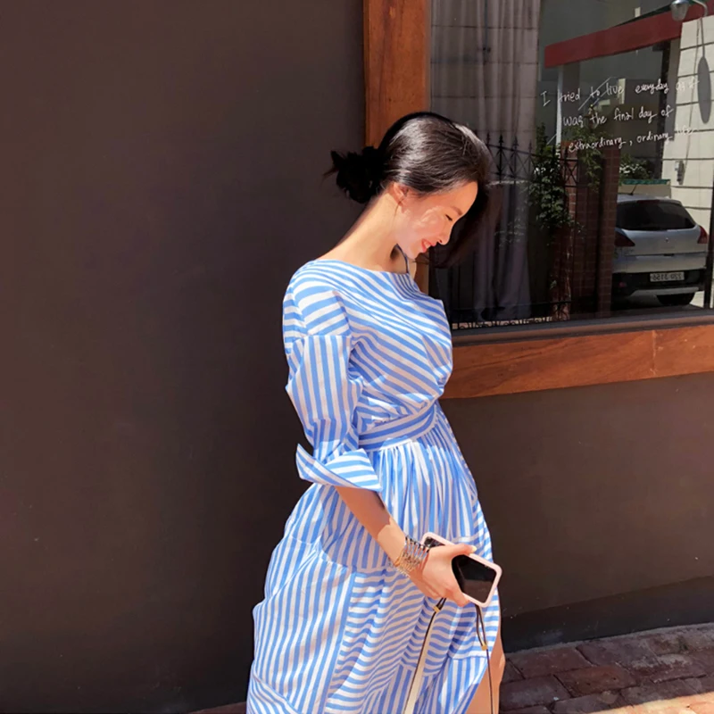 GALCAUR Полосатое кружевное платье для женщин асимметричный воротник с открытыми