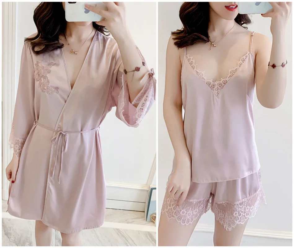 Женский с кружевной отделкой комплект из 3 предметов Пижамный костюм аппликацией