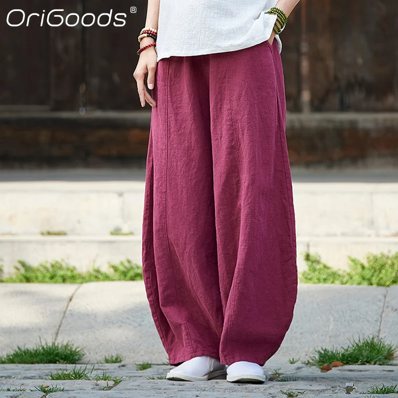 Оригинальные женские шаровары Ramie винтажные свободные брюки большого размера