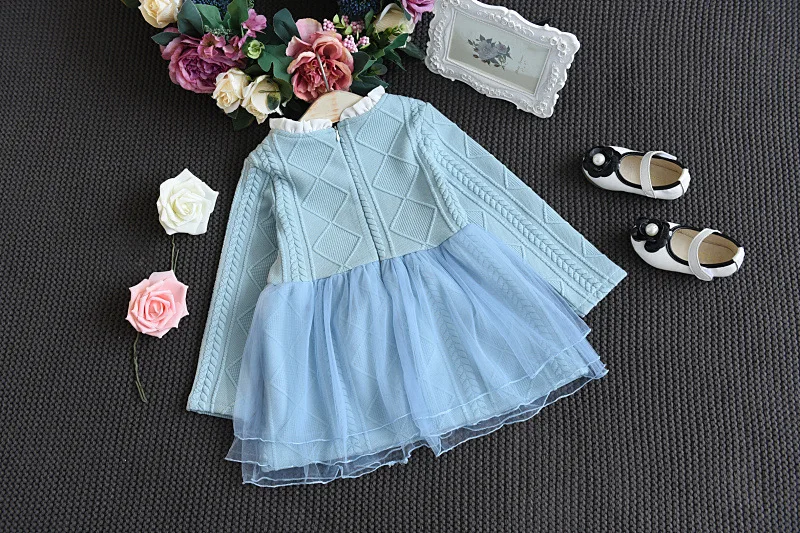 

2020 fashion kids winter sweaters baby girl clothes solid color mesh stitching flower girl dresses