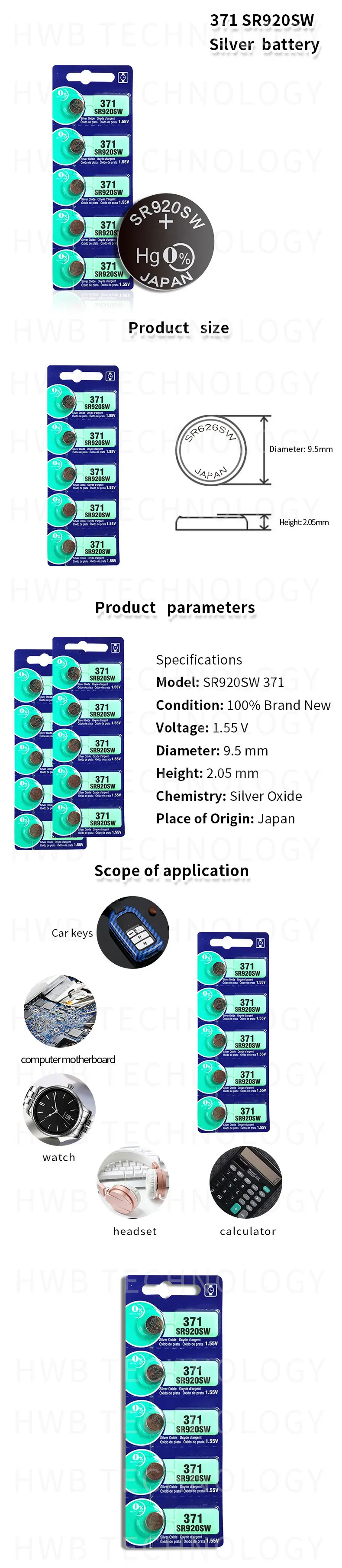 10 шт. 371 батарея SR69 SR920W SR920SW AG6 L921 605 620 280-31 280-51 Кнопка сотового телефона батарейки для часов оксида серебра Розничная карта