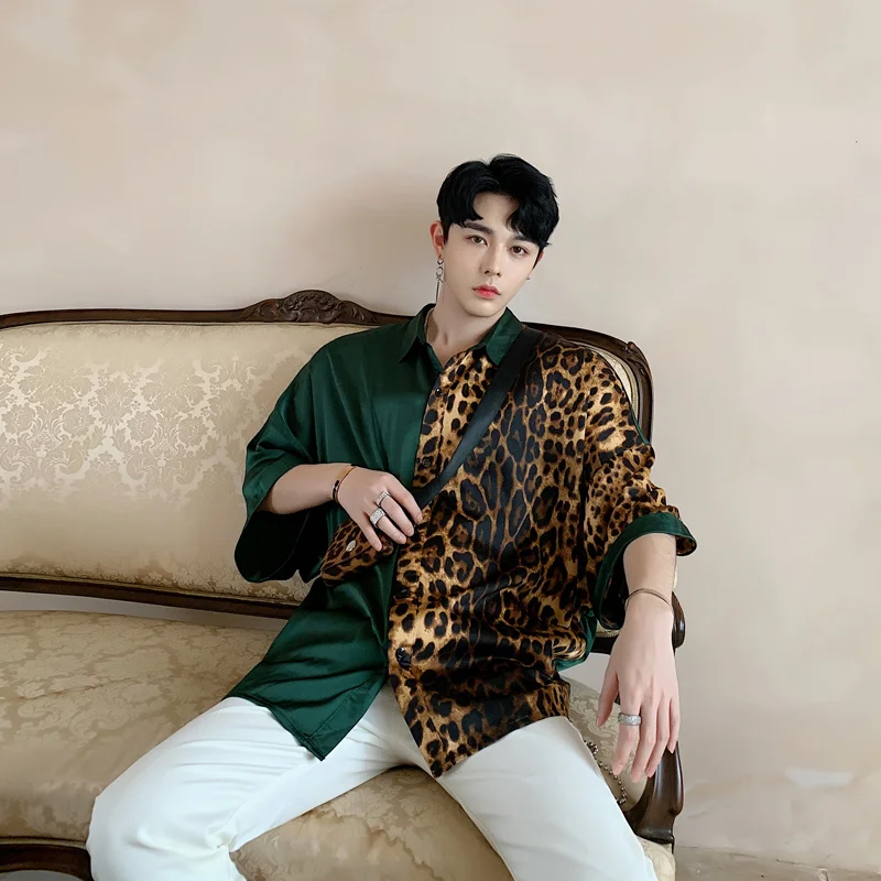 

short sleeve Hairdresser's summer patchwork men's shirt five-sleeve decoration nightclub loose shirt youth leopard print