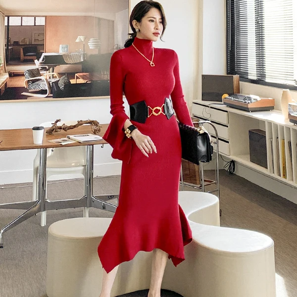 

Winter Turtleneck Women Knitted Dress Elegant Flare Sleeve Sashes Female Thicken Bodycon Sweater Dresses Robe 2021 New
