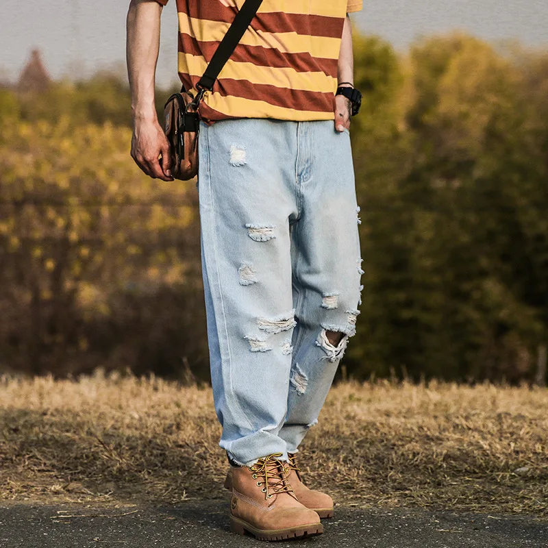 

Men Vintage Broken Hole Loose Straight Jeans Male Streetwear Hip Hop Ankle-length Denim Beggar Pants Trousers