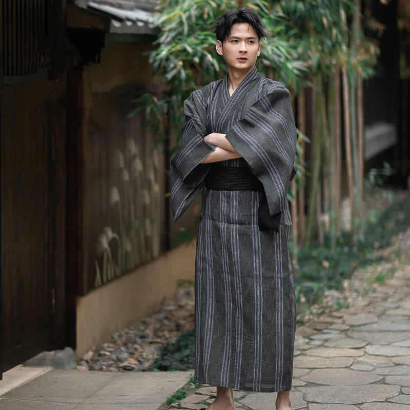 Tradicional japão quimono com obi solto homem banho robe e cinto samurai quimono homewear yukata masculino roupão de banho