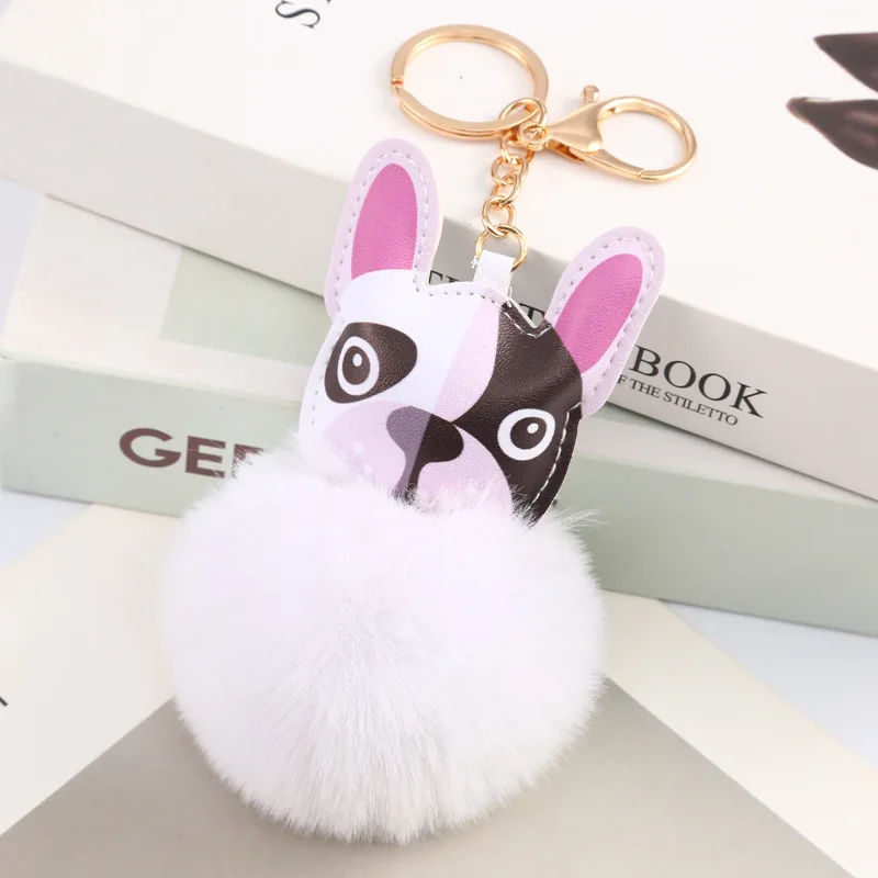 

Keychain Cute Puppy Fur Ball Lovely French Bulldog Keyring Dog Cute Pu Leather Bag Pendant Key Chain Girl Charm Gift