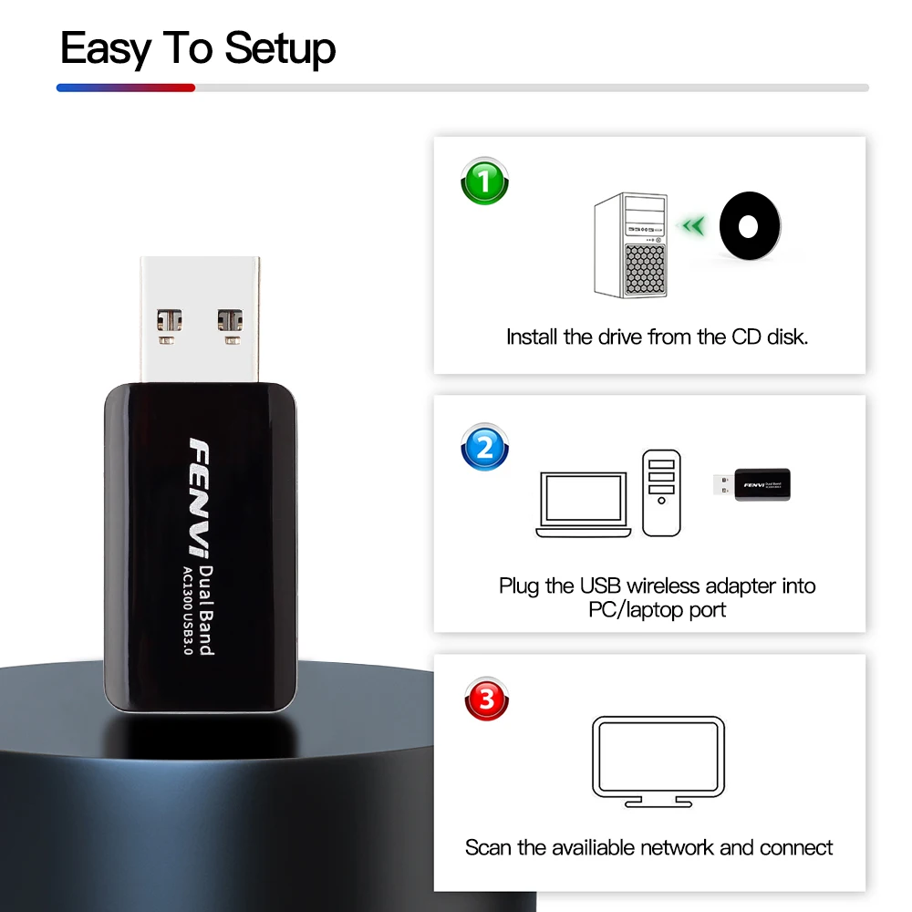 

Fenvi Dual Band 1300Mbps 2.4G&5G USB 3.0 Wireless AC Wifi Adapter 802.11ac USB Wlan Wi-Fi Lan Adapter Wlan For Laptop Desktop PC