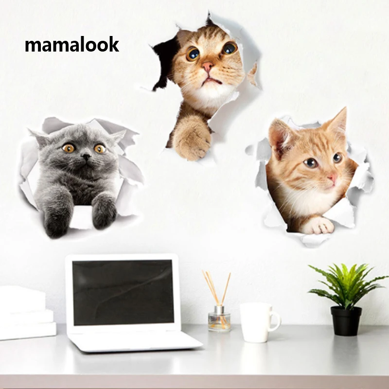 

Hot 3D Cute Kitten Closestool Sticker Kids Bedroom Wall Deocration Cat Cartoon Fridge Sticker