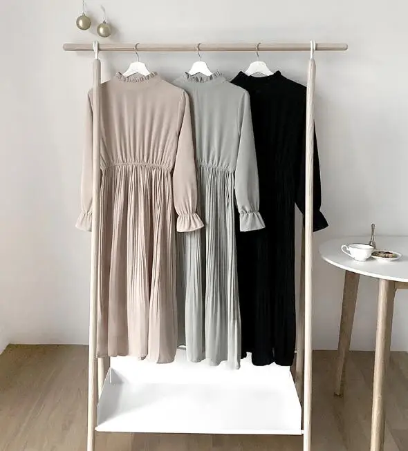 Женское длинное платье с высоким воротником плиссированное ТРАПЕЦИЕВИДНОЕ