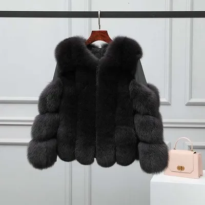 Женское пальто из натурального меха лисы, куртка из натурального меха, Осеннее зимнее теплое пальто, женская длинная одежда с рукавами - Цвет: Dark Grey  Short