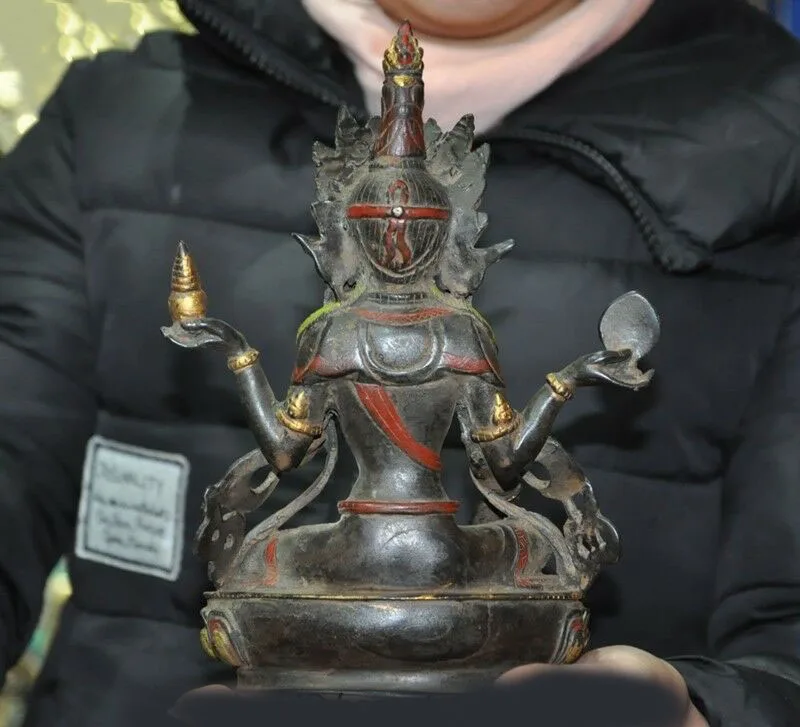 

wedding decoration Old Tibet Buddhism Bronze Cinnabar gilt 4 Arms Green tara Kwan-yin Buddha Statue