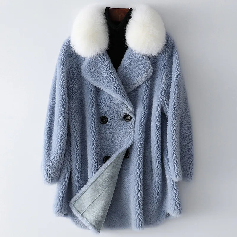 Women Winter Warm Fur Coats Fox Fur Collar Natural Sheep Fur Jacket Lady Loose Cashmere Overcoats Real Fox Fur Luxury Clothes