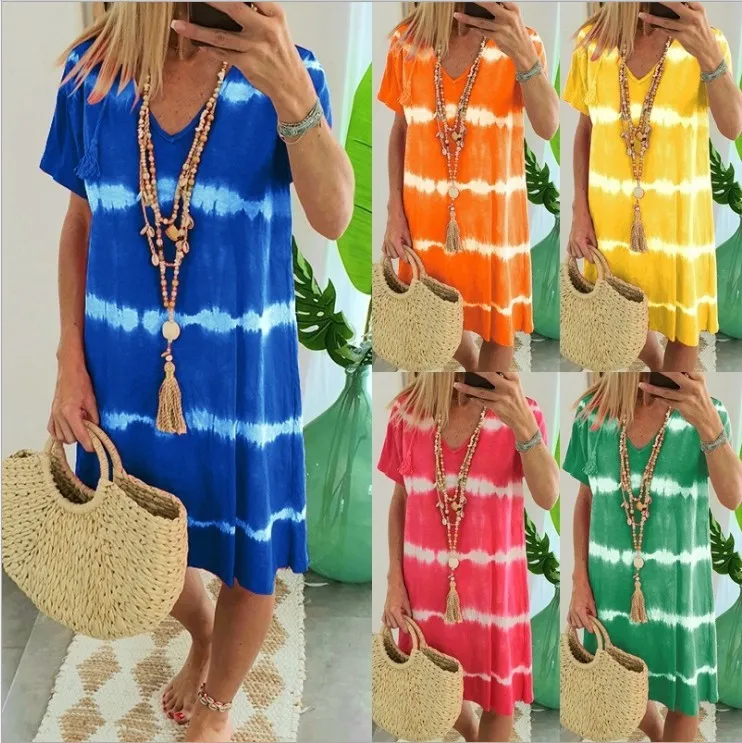 

Summer Cross Border Supply Popular Women's Wear Europe and America Foreign Trade V-neck Amazon Tie Dyed Short Sleeve Dress
