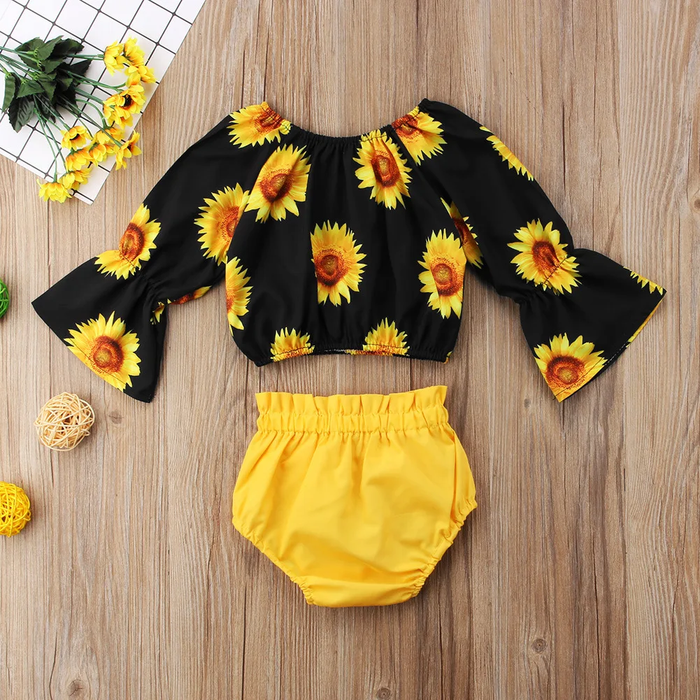 Комплект из 2 предметов для маленьких девочек топы с открытыми плечами и рюшами