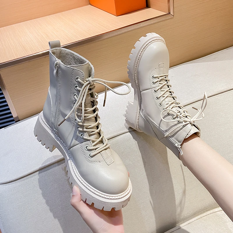 

2021 New Motorcycle Boots Women PU Leather Platform Boots Women Lace-up Ankle Boots Black Beige Casual Boots Women Boots