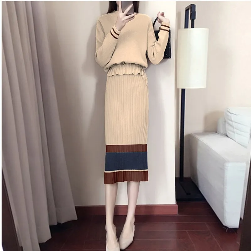 Осенне зимние повседневные теплые вязаные костюмы Свободный пуловер свитер юбки