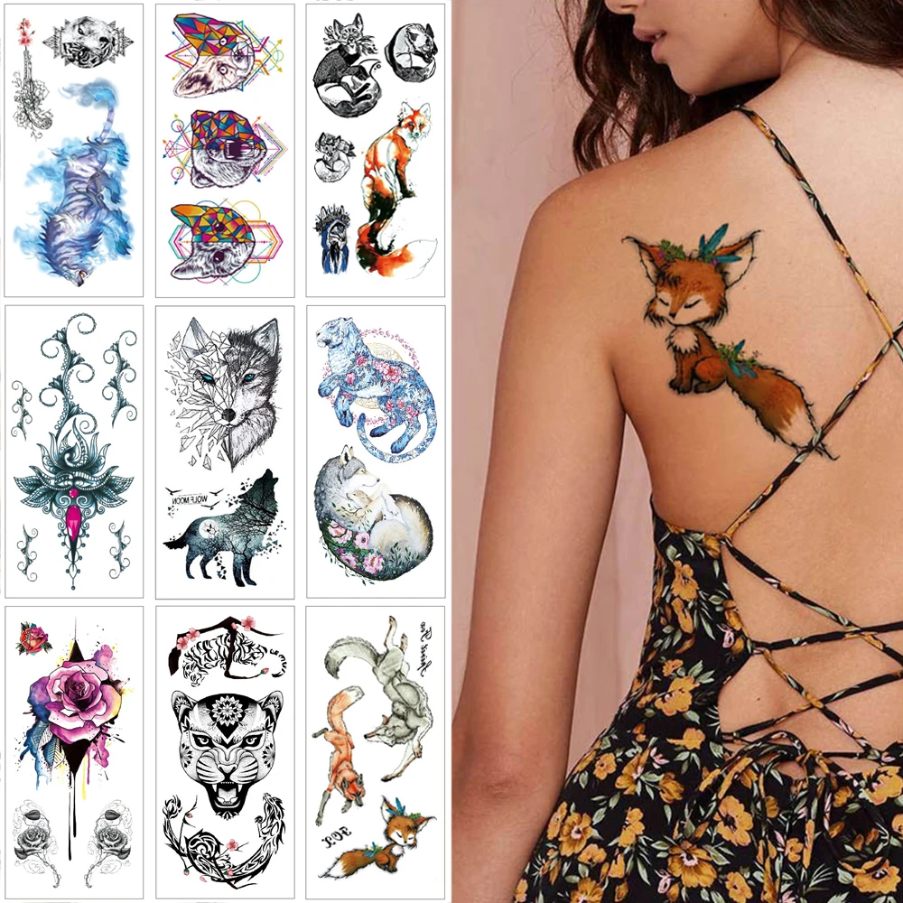 Временная татуировка лиса наклейка медведь олень волк тату для тела красная роза