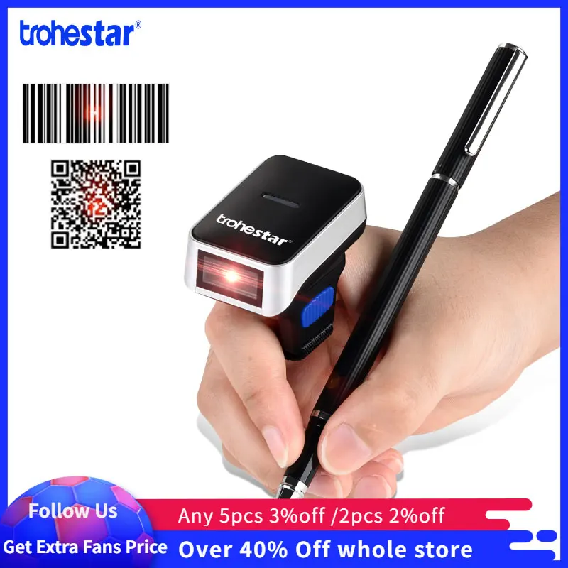 Scanner de Código de Barras sem Fio de Trohestar Scanner de Código de Barras Leitor de Código de Barras Portátil Code Ring Wearable Pdf Bluetooth Usb Scanners 2d qr