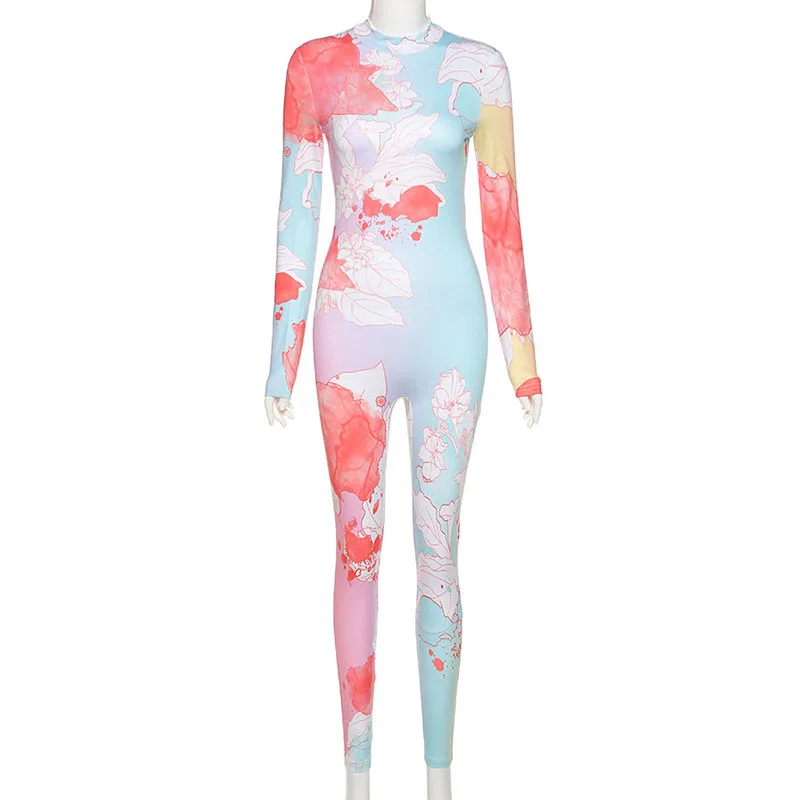 

UVRCOS Elegant Elastic Printed Patchwork Color Bodycon Jumpsuit Women 2020 Autumn Long Sleeves Clubwear Shopping Party Clothings