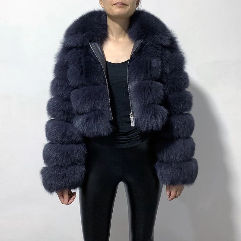 rf1982 Winter Woman's Fashion Short Style Slim Fit Zipper Real Fox Fur Bomber Jacket