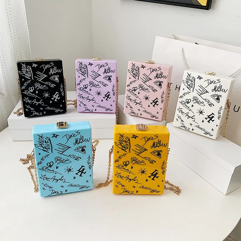 

Graffiti Acrylic Box Crossbody Bags for Women 2021 Fashion Letter Party Clutch Female Purses and Handbags Designer Shoulder Bag