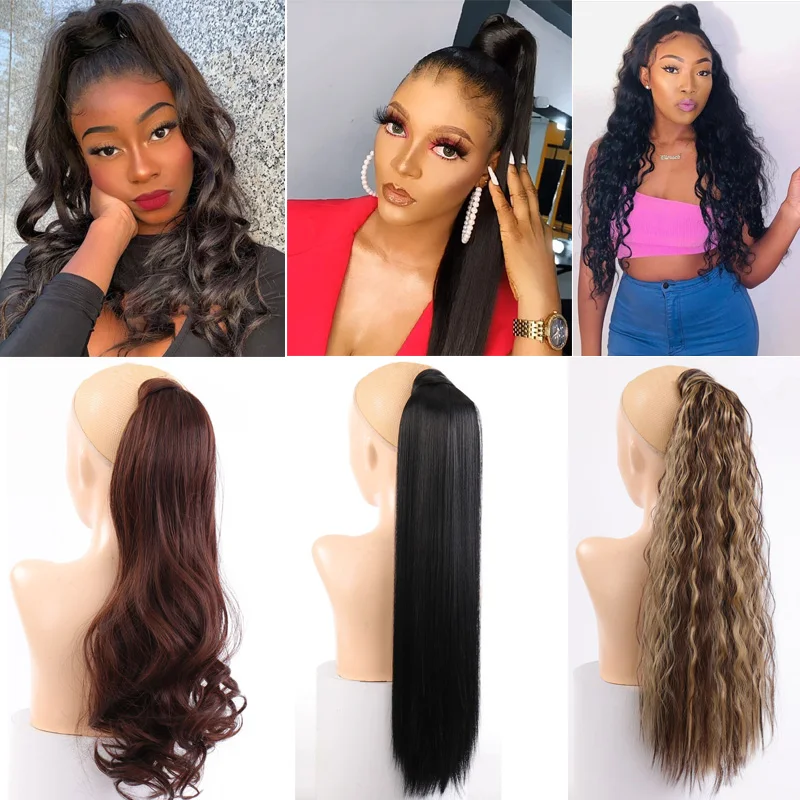 WEILAI длинные прямые и кудрявые синтетические зажимы для конского хвоста на