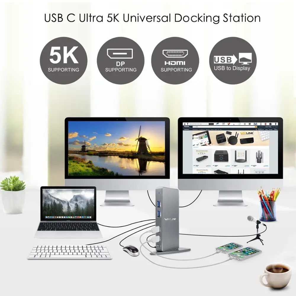 Универсальная док станция Wavlink USB 3 0 5K Dual 4K HDMI HD гигабитный Ethernet Тип C для