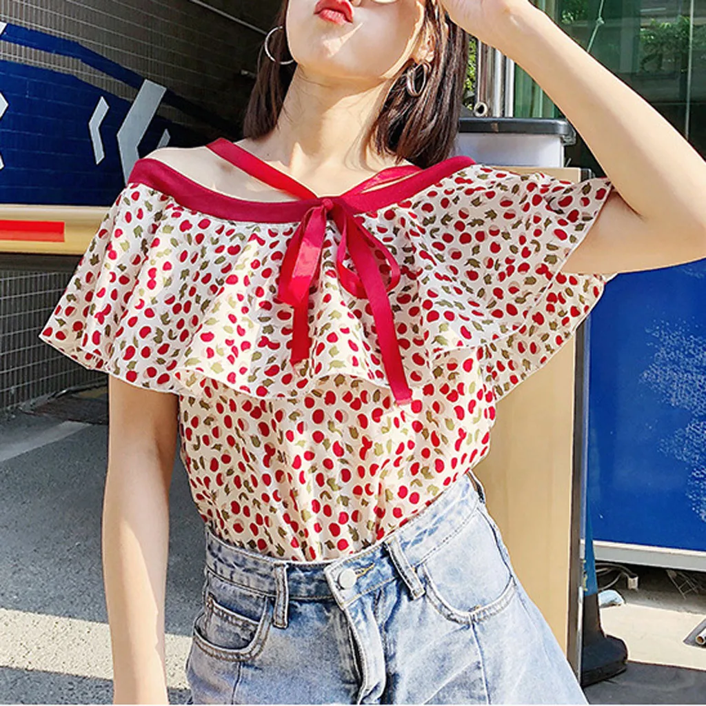 

Блузка Для женщин шифоновое платье, с рисунком, с бантом, с цветочным рисунком топ с v-образным вырезом с лямкой на шее без лямок топики для от...