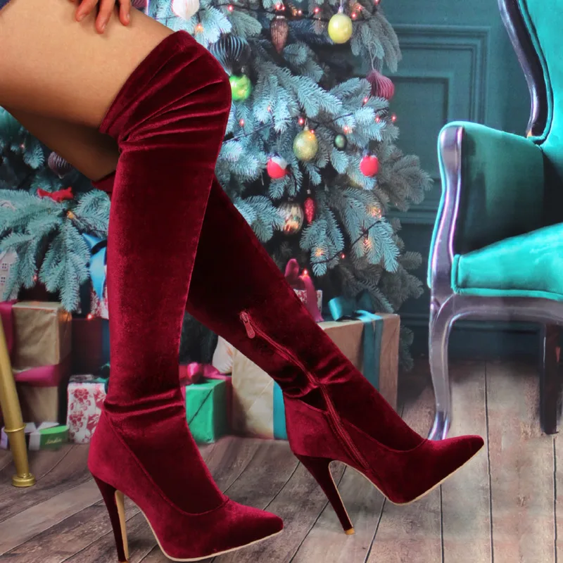

Women Suede High Heel Red Green Christmas Shoes Sexy Pointed Toe Flock Elastic Thigh High Boots Female Large Over The Knee Boots