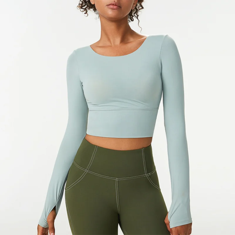 Женский спортивный топ для йоги Сексуальная рубашка с длинным рукавом и вырезом