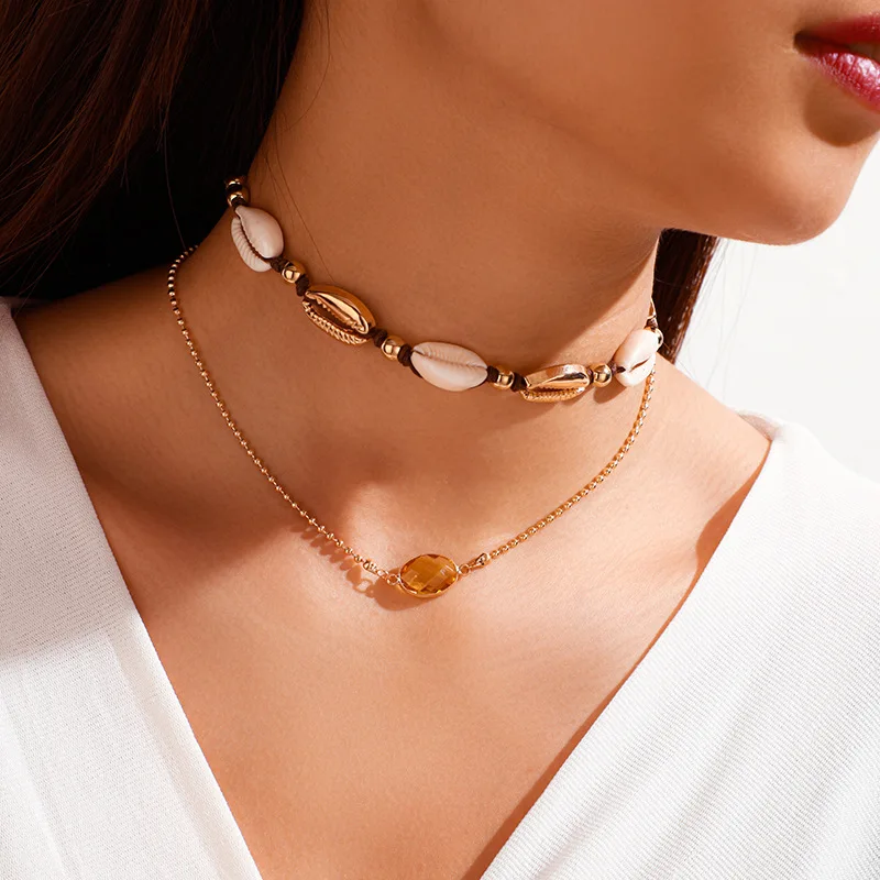 

Fashion Crystal Natural Shell Necklace Women Summer Beach Handmade Rope Braided Alloy Double Layers Choker Necklaces For Girls