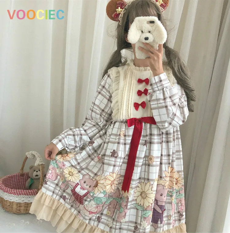 

VOOCIEC 2020 Women Kawaii Lolita Dress Cosplay sweet girl princess tea party Loli Cos Original design sunflower bear op light